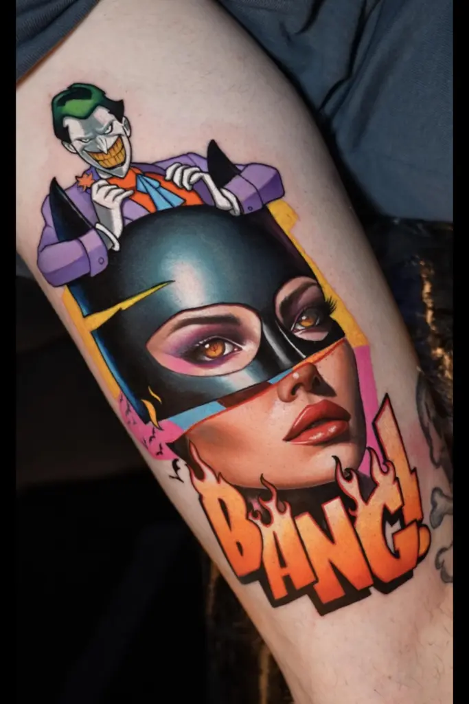 Batgirl & Joker – Bang! color realism tattoo by Pablo Frias