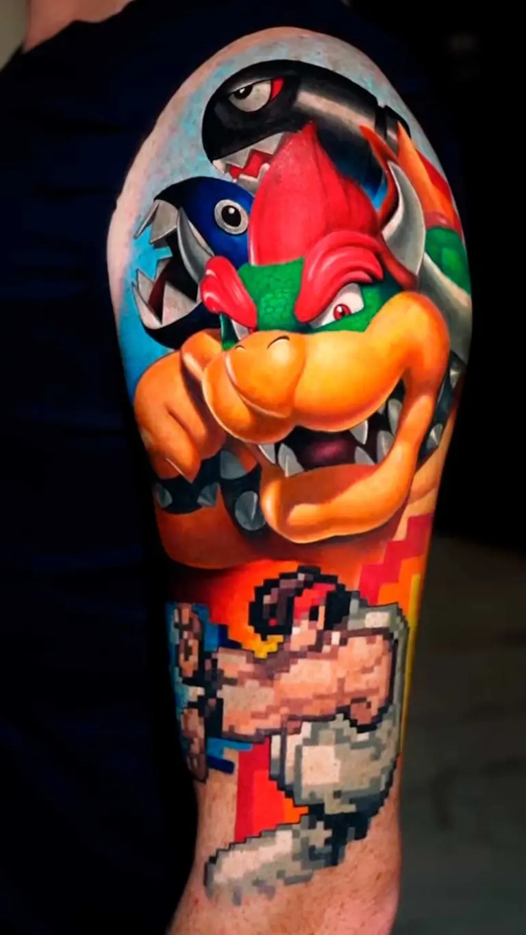 Bowser & 8-Bit Mario color realism tattoo by Pablo Frias
