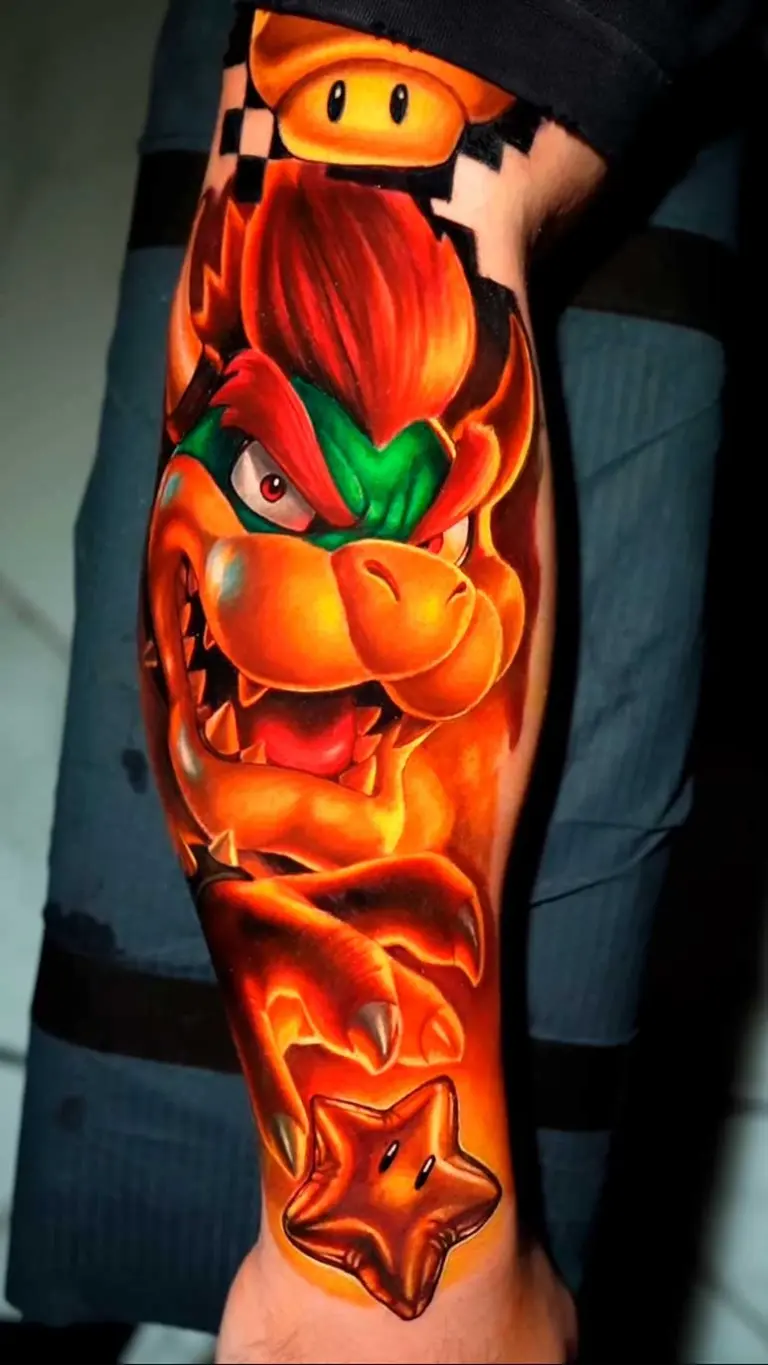 Bowser – Fire color realism tattoo by Pablo Frias