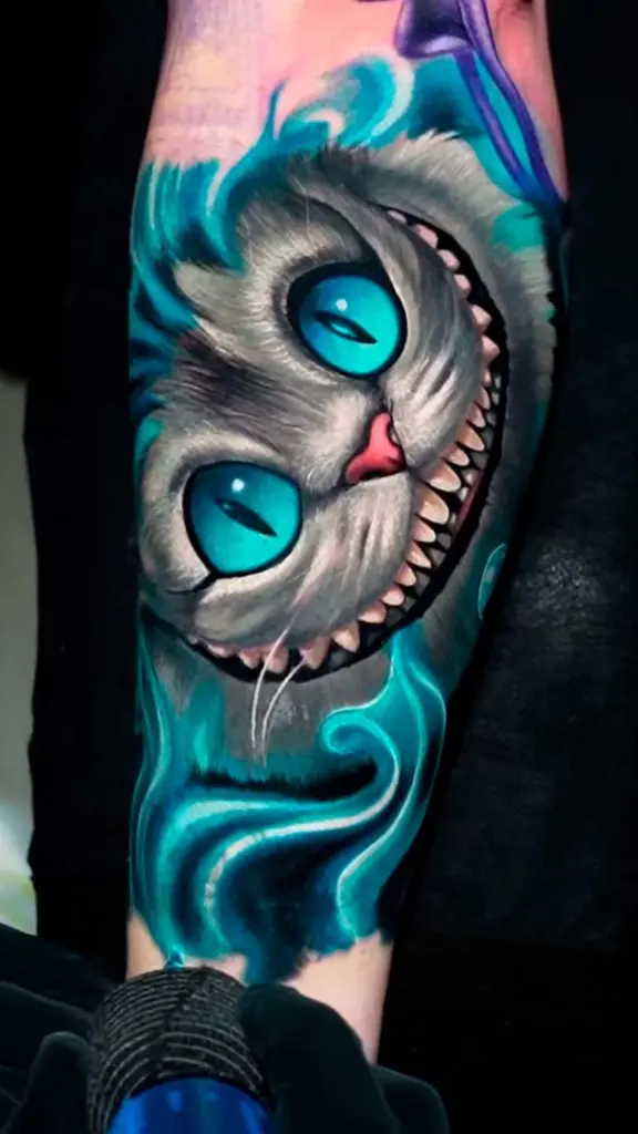 Cheshire Cat color realism tattoo by Pablo Frias