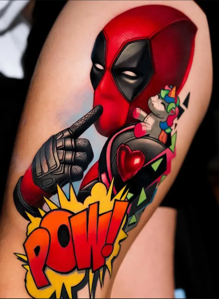 Deadpool – Pow! color realism tattoo by Pablo Frias