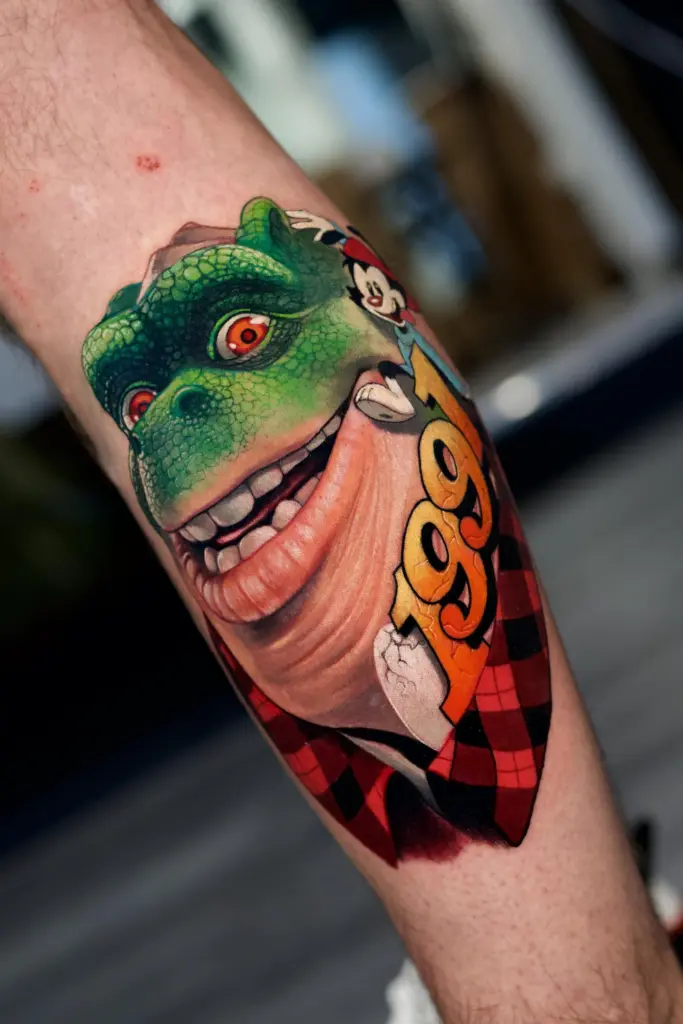 Dinosaurs – 1991 color realism tattoo by Pablo Frias