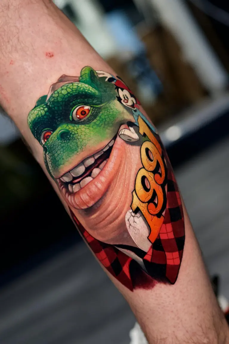 Dinosaurs – 1991 color realism tattoo by Pablo Frias