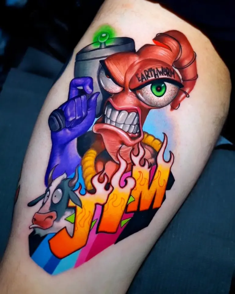 Earthworm Jim color realism tattoo by Pablo Frias