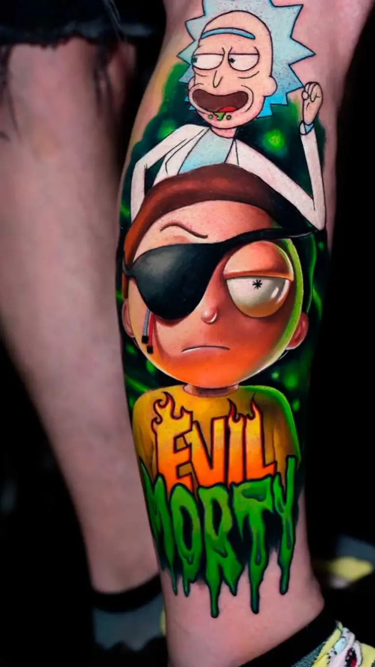 Evil Morty cartoon tattoo on calf by Pablo Frias