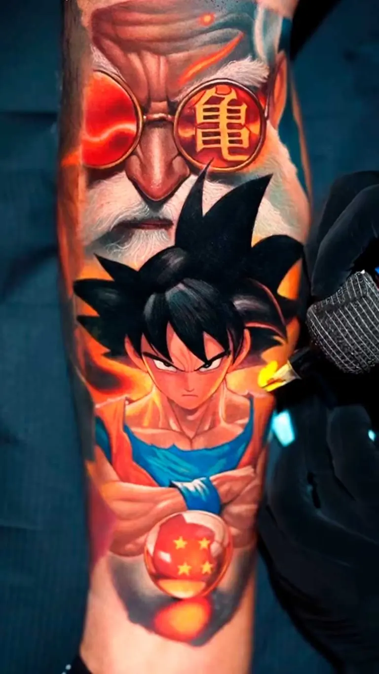 Goku & Master Roshi anime tattoo on forearm by Pablo Frias
