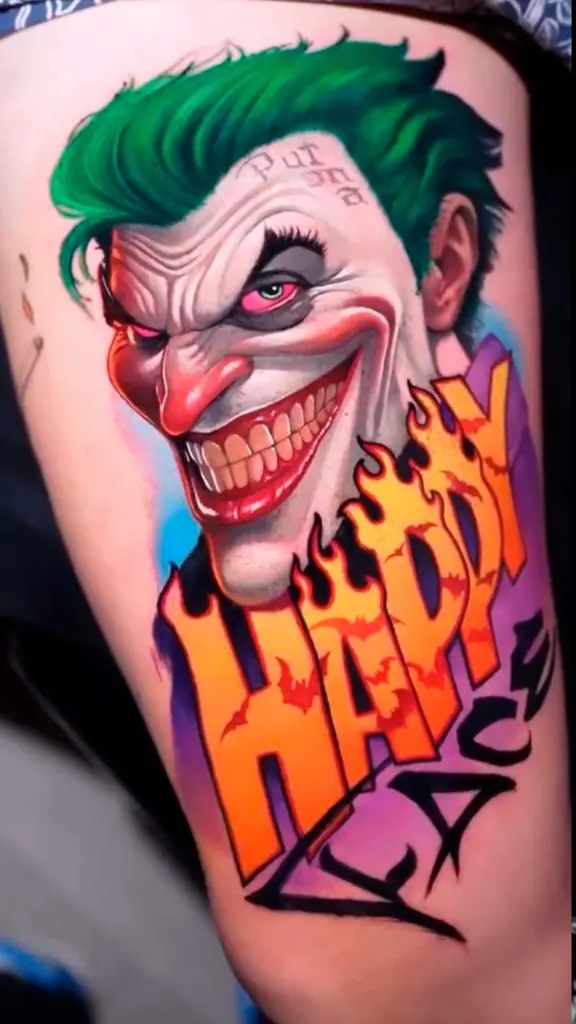 Joker – Happy color realism tattoo by Pablo Frias