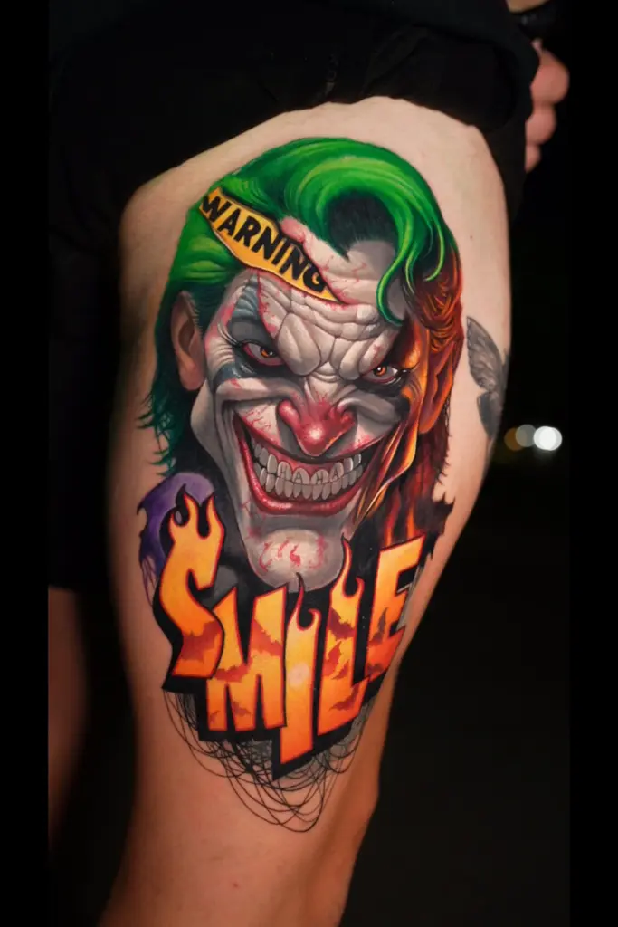 Joker – Smile color realism tattoo by Pablo Frias