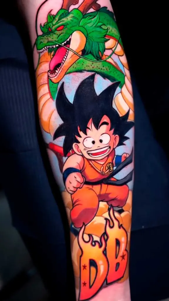 Kid Goku & Shenron anime tattoo on forearm by Pablo Frias