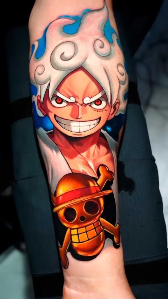 Luffy – Gear 5 anime tattoo on forearm by Pablo Frias