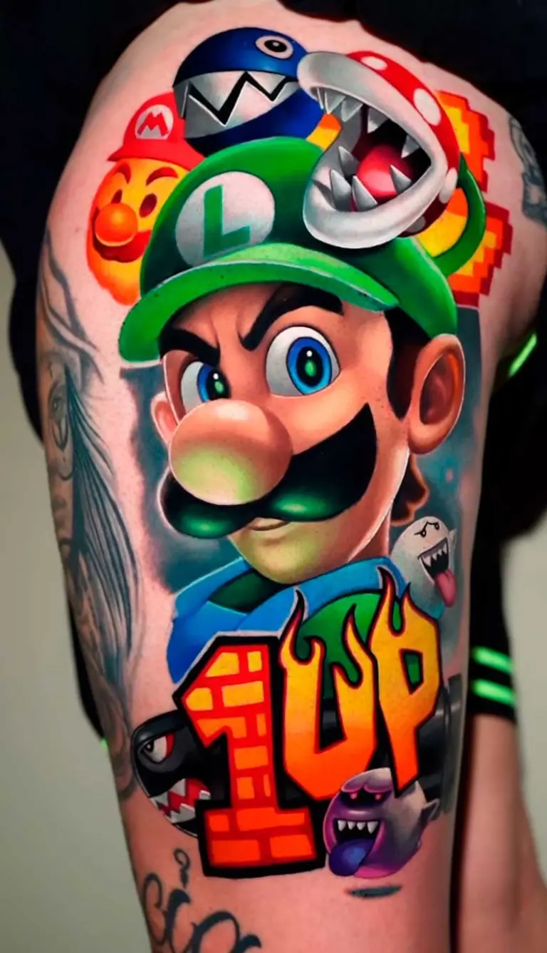 Luigi – 1-Up color realism tattoo by Pablo Frias