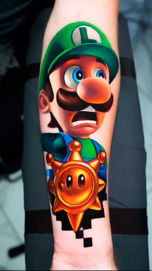 Luigi – Shine Sprite color realism tattoo on forearm by Pablo Frias