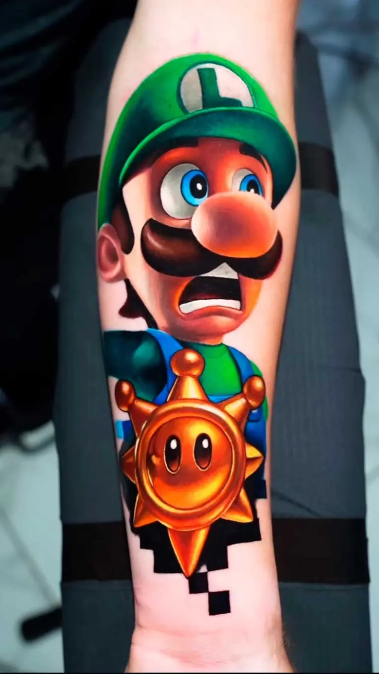 Luigi – Shine Sprite color realism tattoo on forearm by Pablo Frias