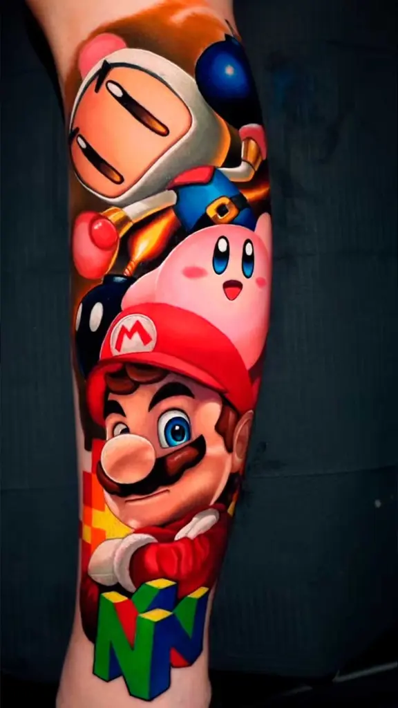 Mario, Kirby & Bomberman – N64 color realism tattoo on forearm by Pablo Frias