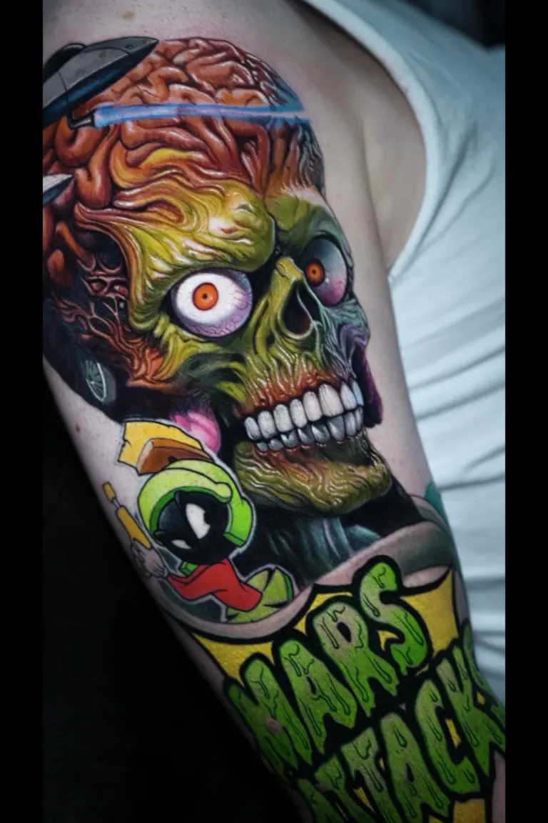 Mars Attacks! Martian color realism tattoo by Pablo Frias