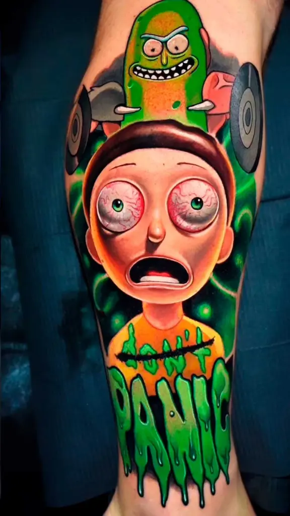Morty – Don’t Panic cartoon tattoo by Pablo Frias