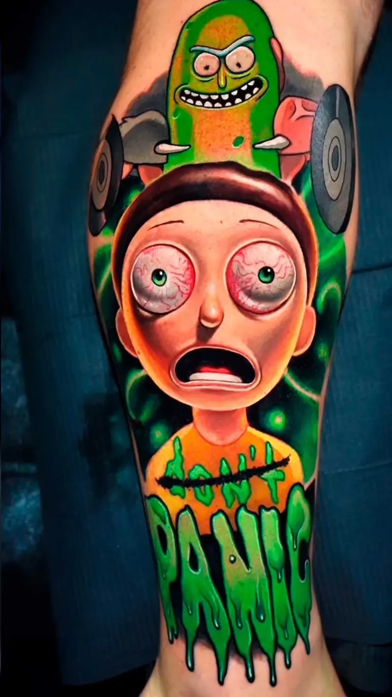 Morty – Don’t Panic cartoon tattoo by Pablo Frias