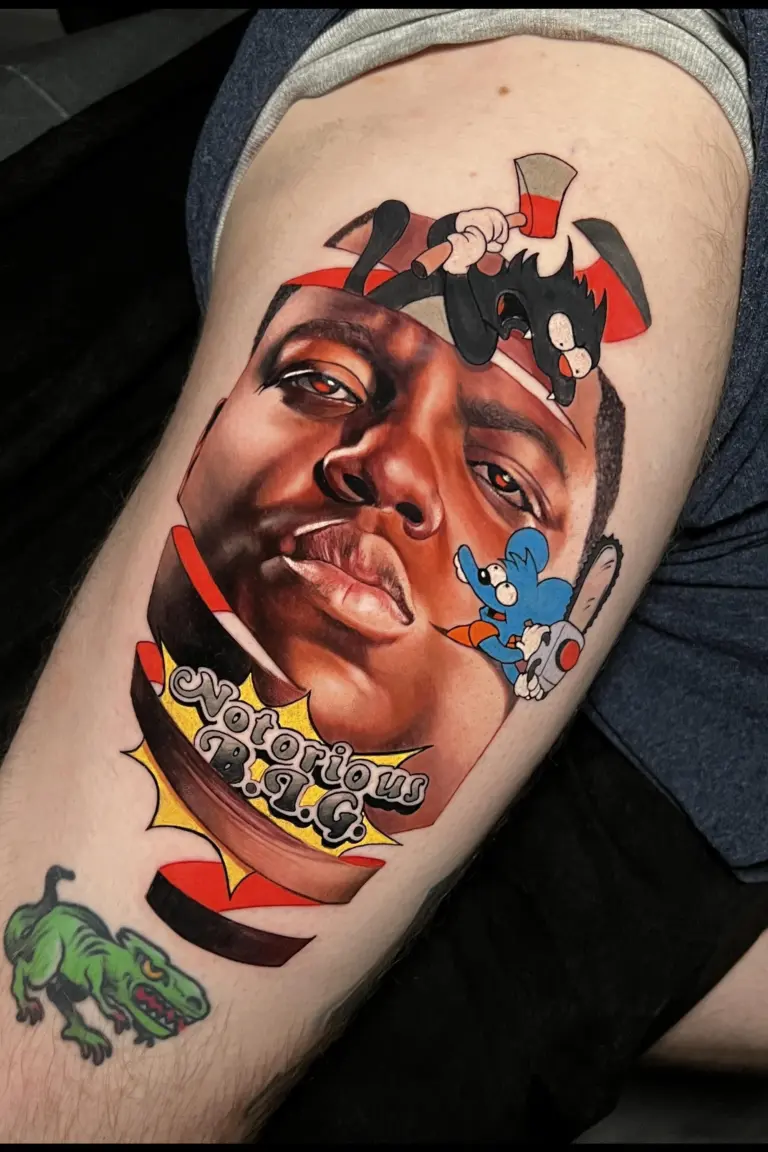 Notorious B.I.G. × The Simpsons portrait tattoo by Pablo Frias