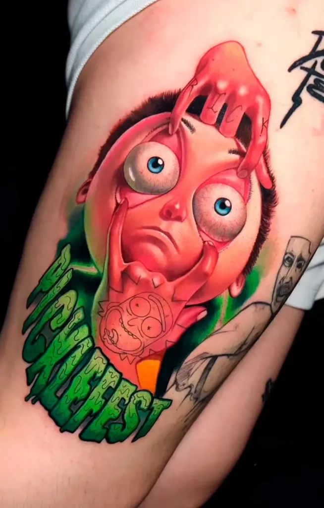 Picklefest Melting Face cartoon tattoo by Pablo Frias