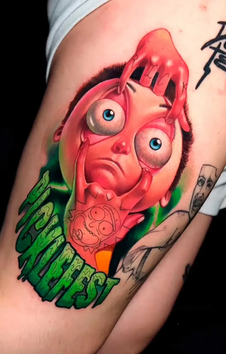 Picklefest Melting Face cartoon tattoo by Pablo Frias