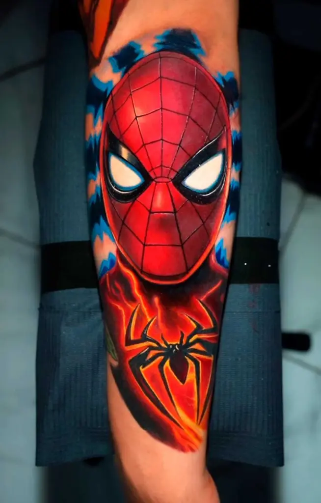 Spider-Man color realism tattoo on forearm by Pablo Frias