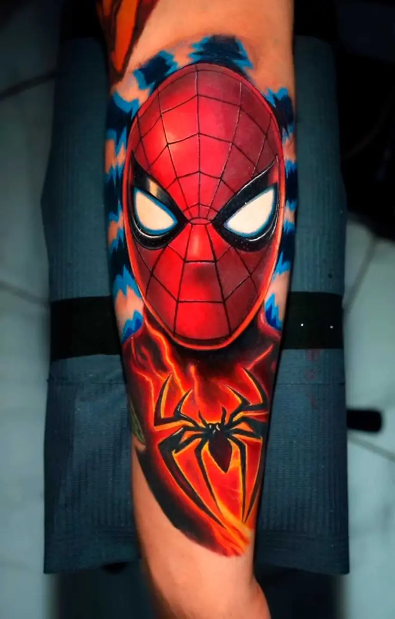Spider-Man color realism tattoo on forearm by Pablo Frias