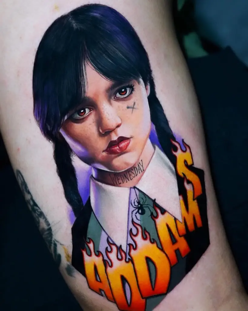 Wednesday Addams color realism tattoo by Pablo Frias