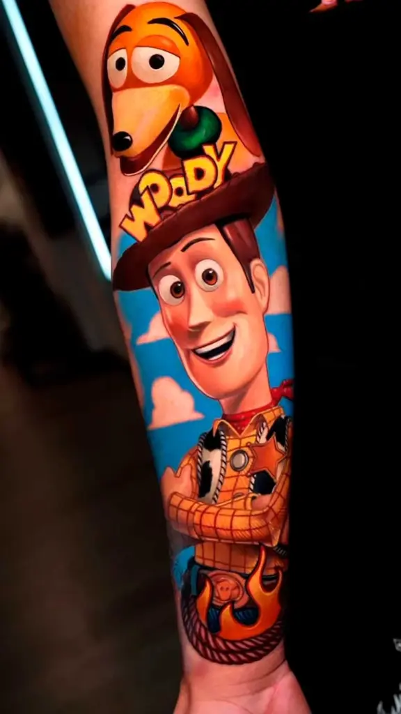 Woody & Slinky cartoon tattoo on forearm by Pablo Frias